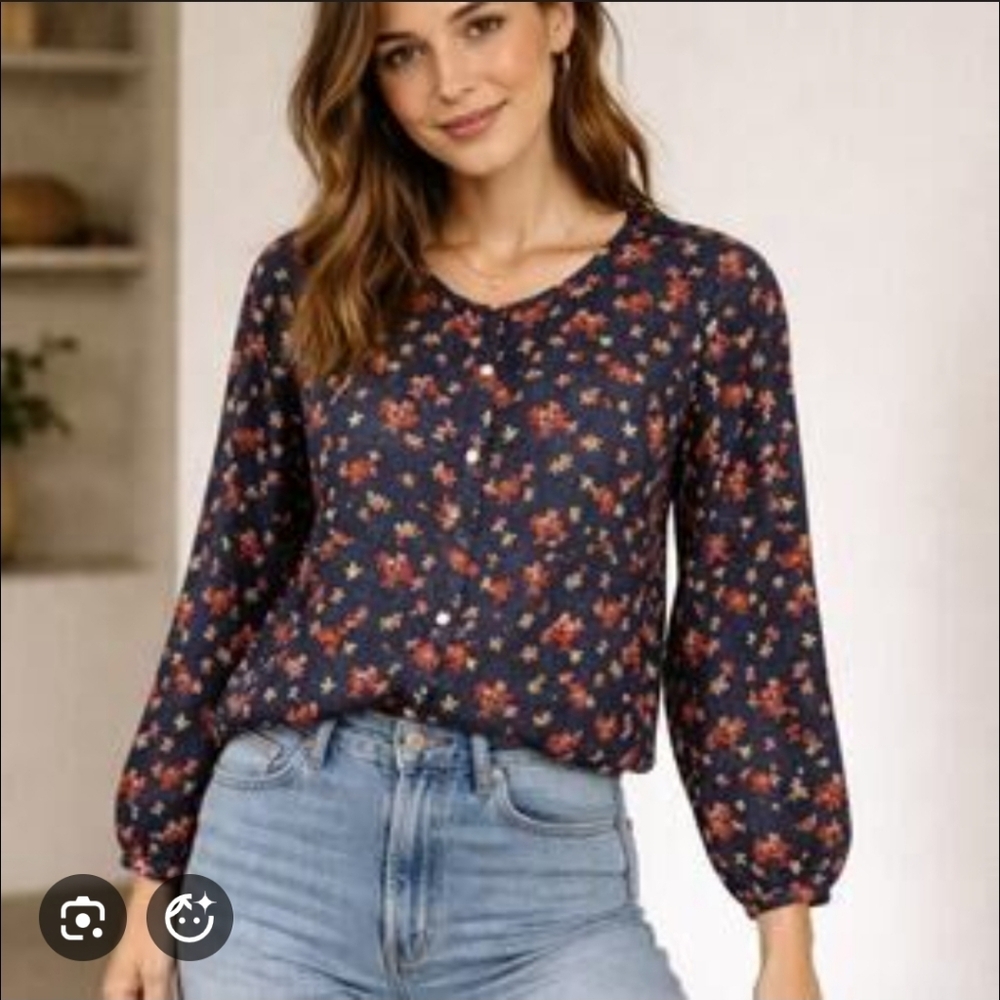 Outerknown Blue Floral Peasant Top